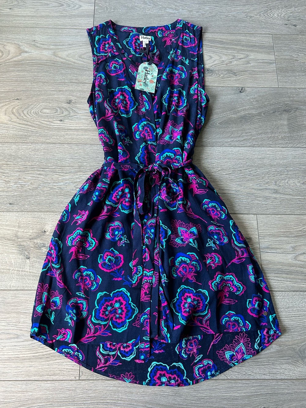 Hatley Printed Folk Floral Sleeveless Belted Split Neck Shirt Dress Size S New